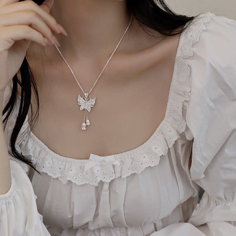 Butterfly bell orchid tassel Pendant Necklace Sterling Silver