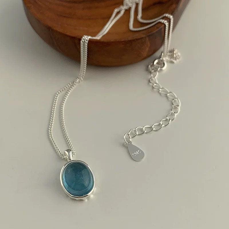 Blue Aqua Natural Stone Sterling Silver necklace 925