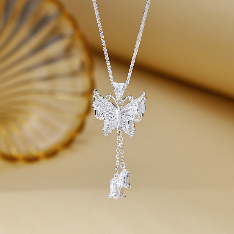 Butterfly bell orchid tassel Pendant Necklace Sterling Silver