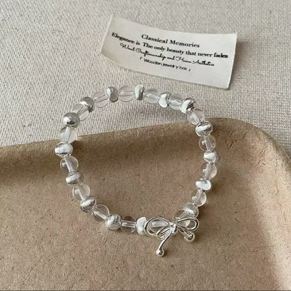 Natural Crystal Sterling Silver Beaded Bow Bracelet