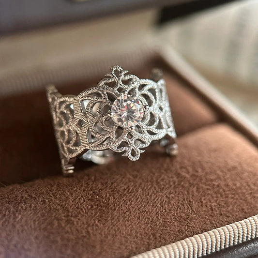 Lace Pattern Band Ring with Cubic Zircon Sterling Silver Resizable ring