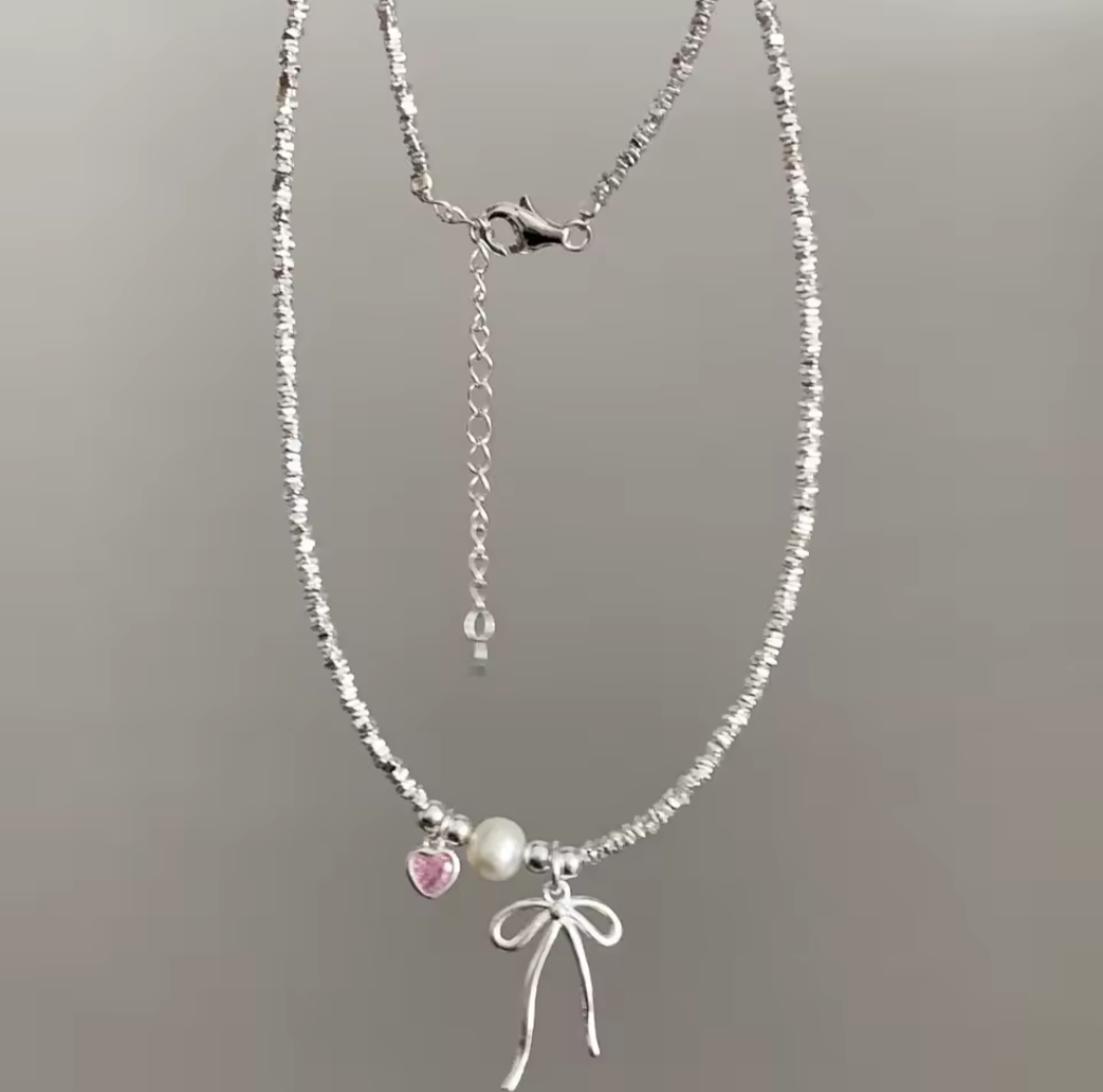 Bow Knot Pink Heart Sterling Silver Necklace with Cubic Zircon
