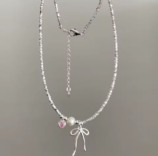 Bow Knot Pink Heart Sterling Silver Necklace with Cubic Zircon