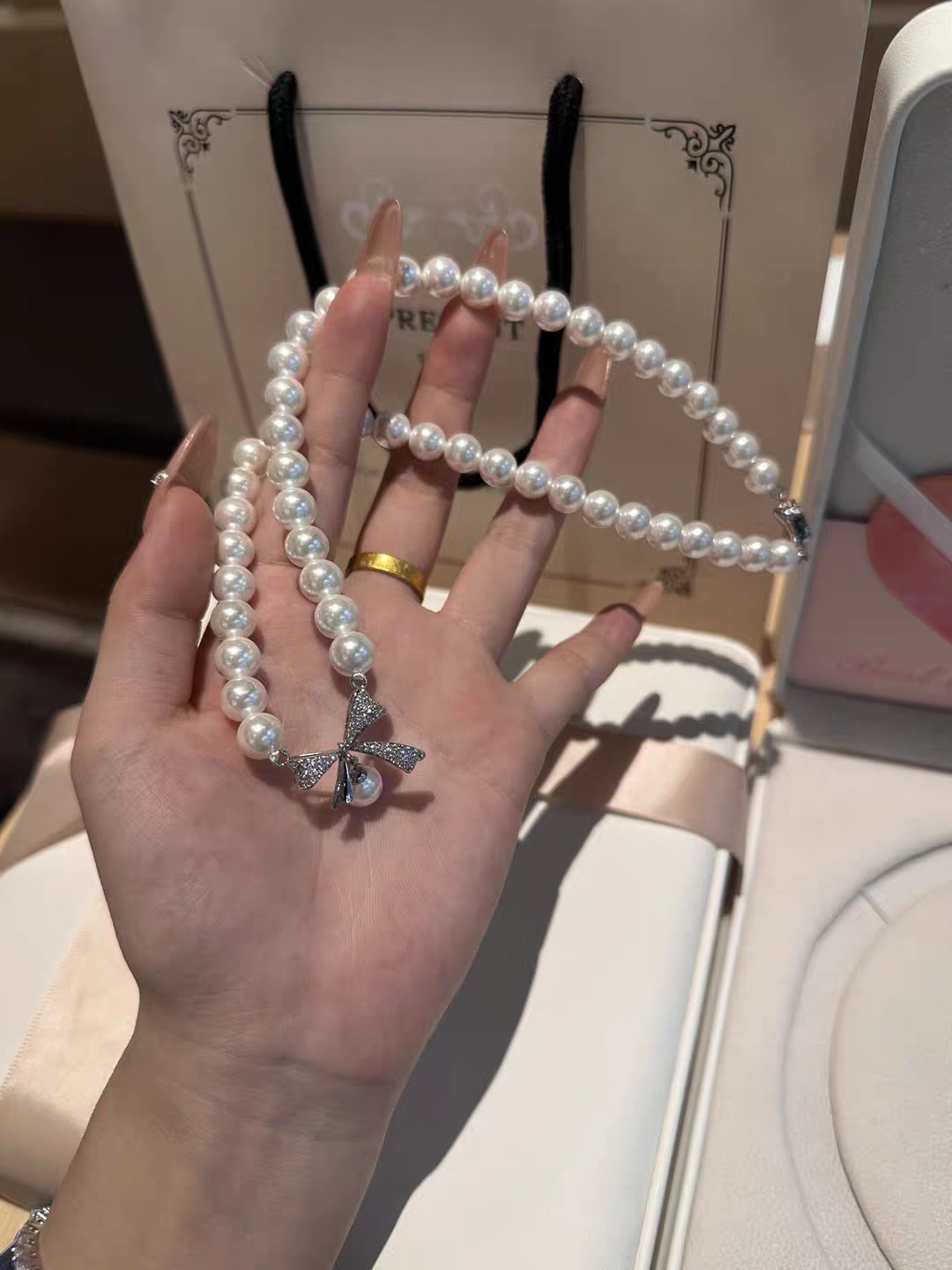 Natural Australian Pearls 8mm Luna Bow Sterling Silver Necklace -Giftable Packing as Pictures-Greeting Card-Custom Hand written Note