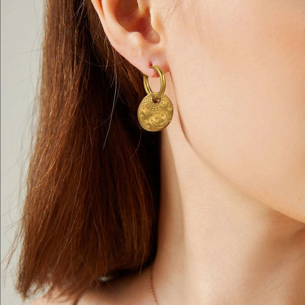 Sun Moon Engraved Trendy 18k Gold Filled Earrings