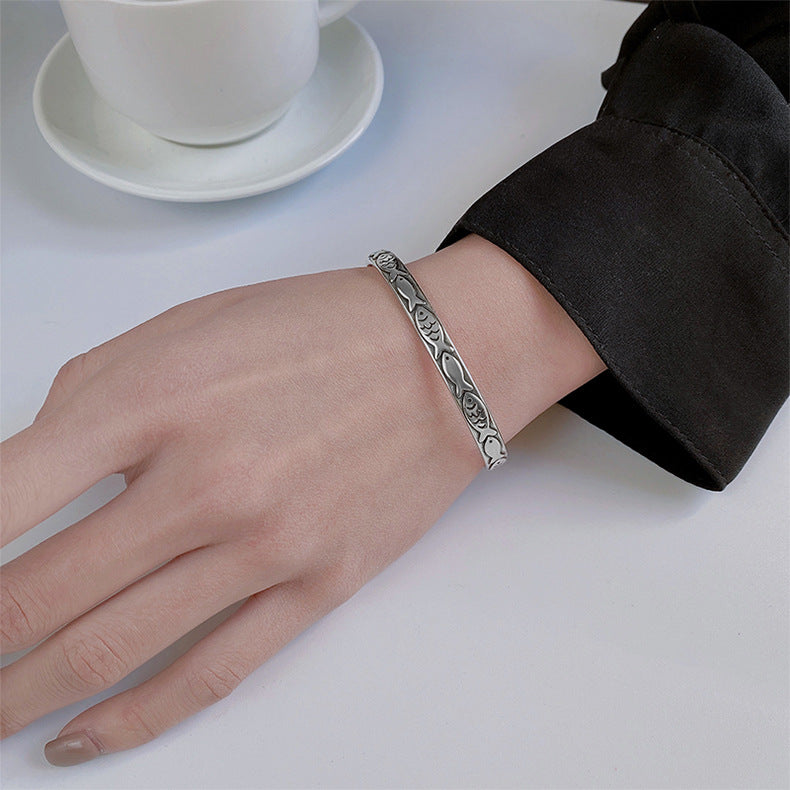 Embossed Fish Good Luck Charm Cuff Bangle Sterling Silver 925