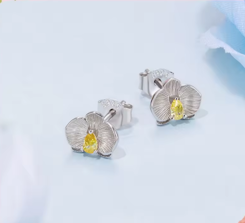 Phalaenosis Floral Sterling Silver 925 Stud Earrings