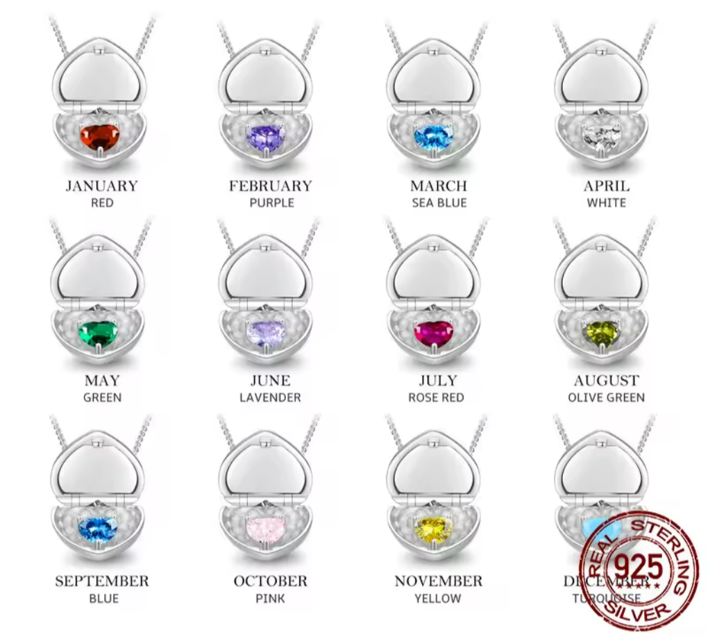 Customized Engraving Heart Sterling Silver Necklace with Birth Stone-Mail your engraving message with order number