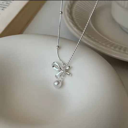 Bow Dual Design Chain Necklace with Pendant Sterling Silver