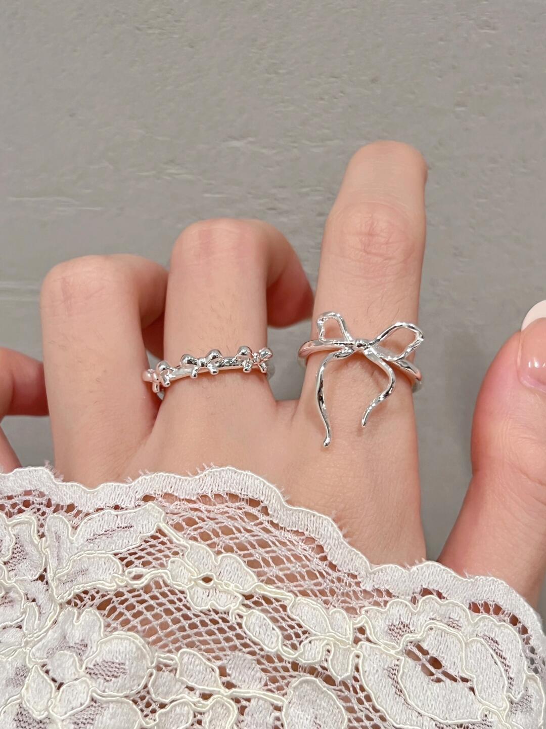 Cute Bow Ring Set Sterling Silver 925 resizable