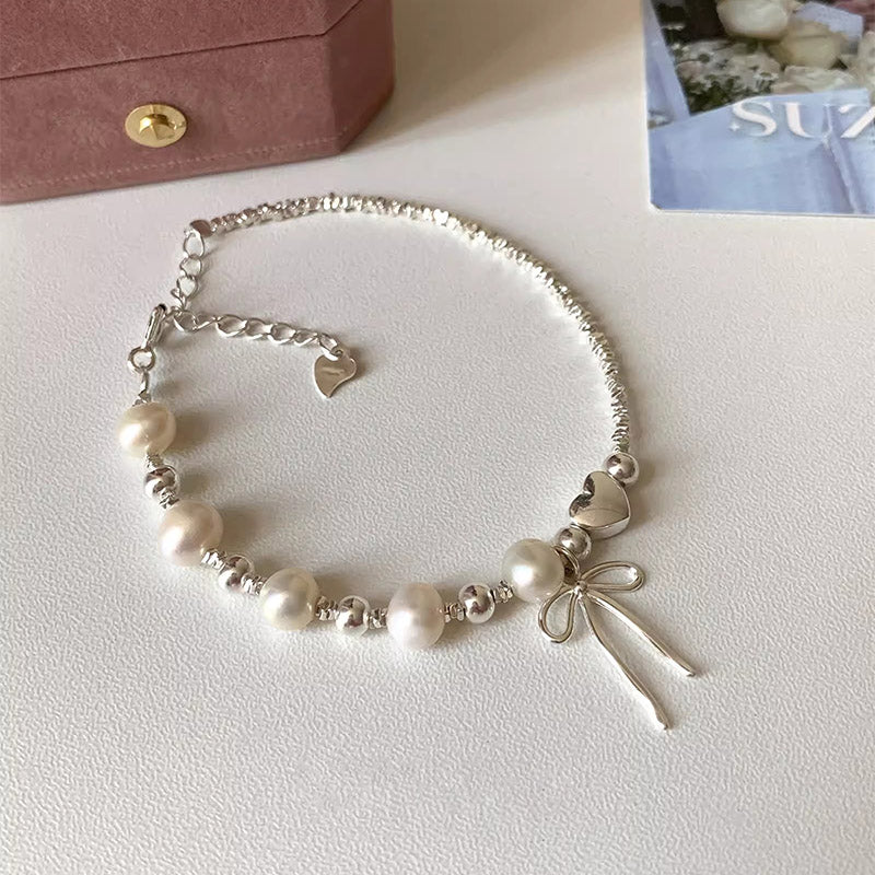 Bow heart Sterling Silver beaded pearls Bracelet