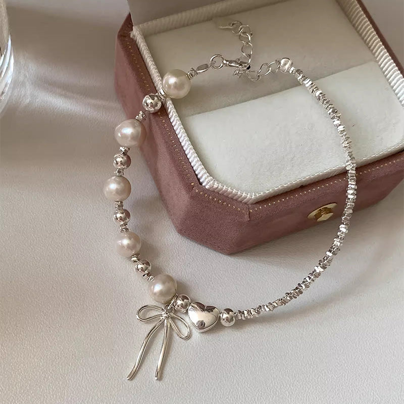 Bow heart Sterling Silver beaded pearls Bracelet