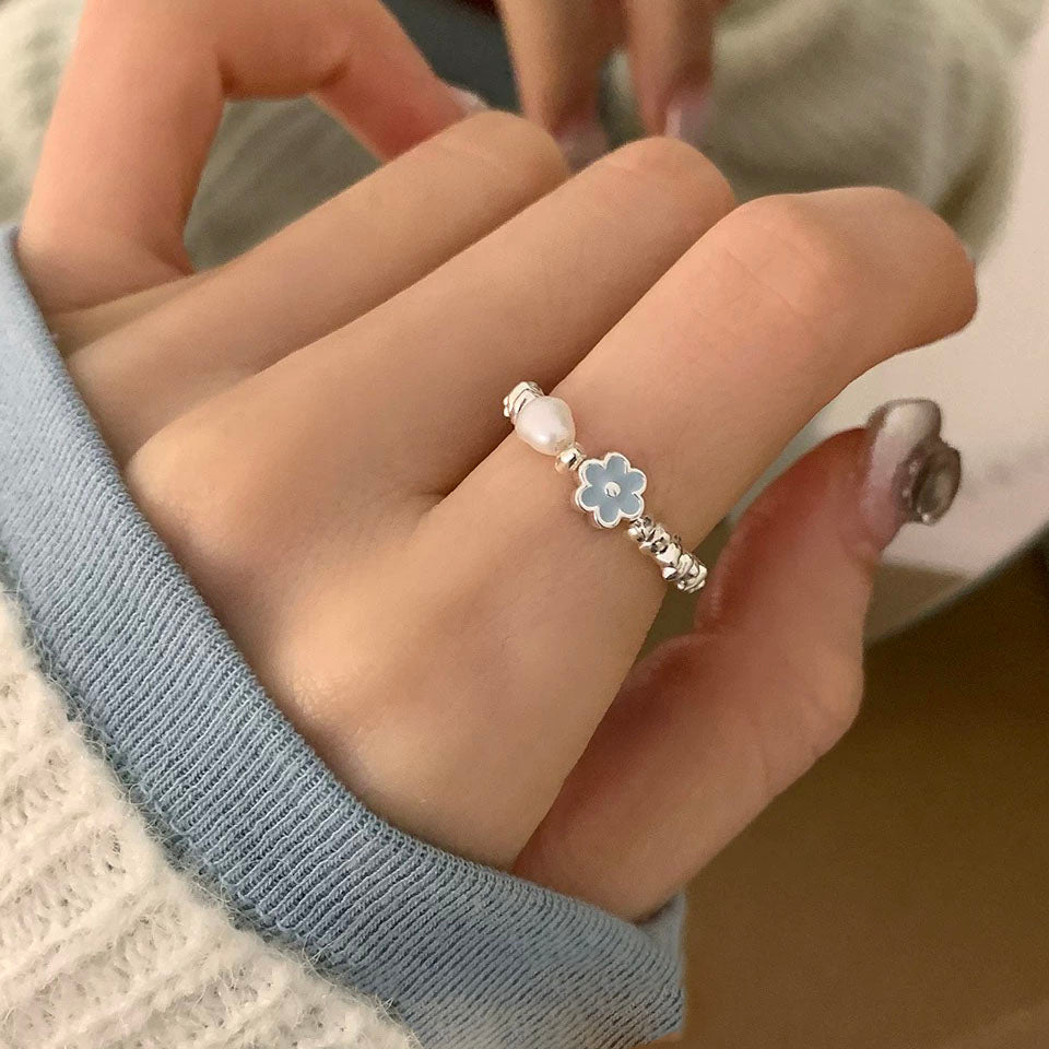Sterling Silver Blue Daisy & Pearl Ring