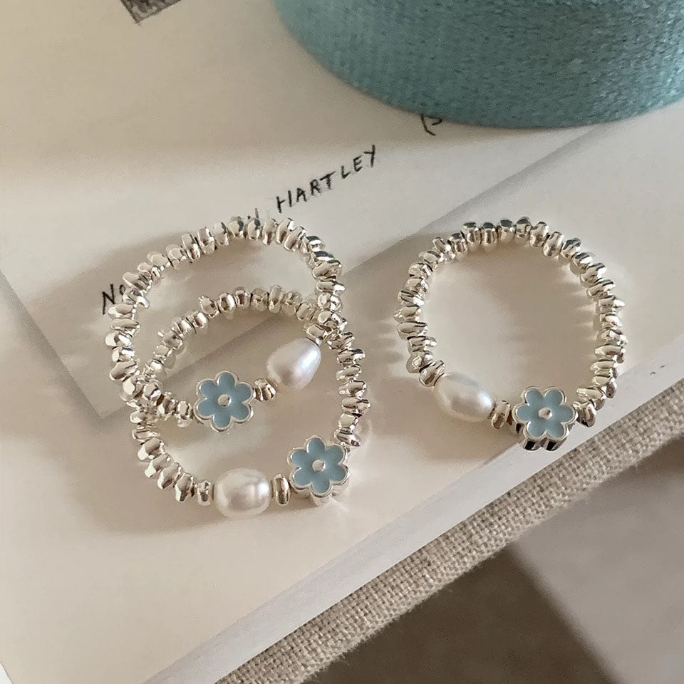 Sterling Silver Blue Daisy & Pearl Ring