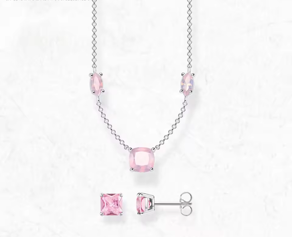 3 Pcs Sterling Silver Necklace with Stud earrings Pink Cubic Zircon set