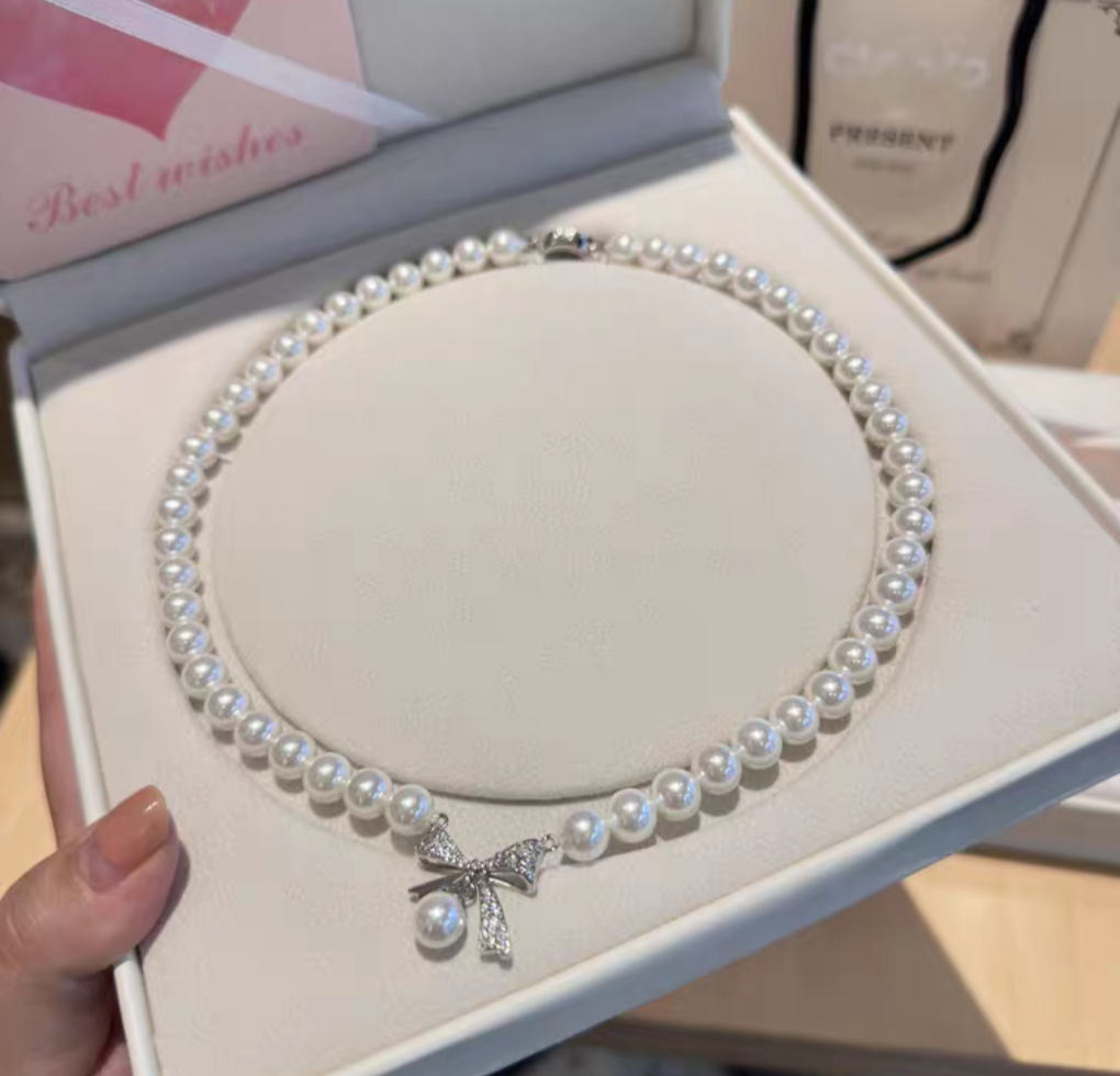 Natural Australian Pearls 8mm Luna Bow Sterling Silver Necklace -Giftable Packing as Pictures-Greeting Card-Custom Hand written Note