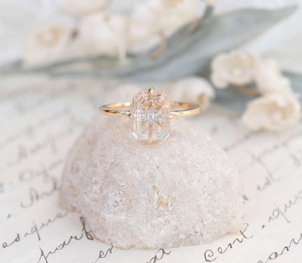 Celestial emerald-cut  starburst diamond accent Sterling Silver 925 Ring