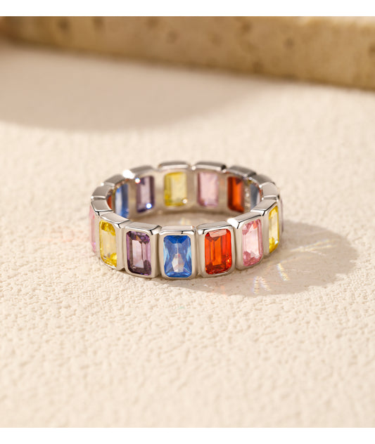 Multi Colored Cubic Zircon Sterling Silver Band Ring