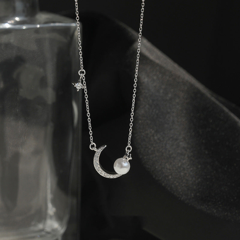Crescent moon Pearl Sterling Silver Necklace