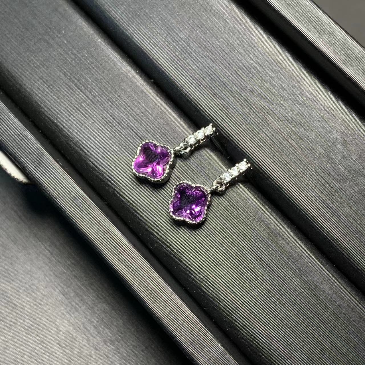 Amethyst four clover Sterling Silver and Cubic Zircon Earrings