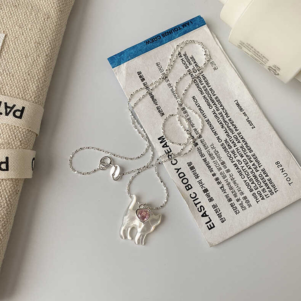 Pearl Kitten Pink Heart Cubic Zircon Sterling Silver Necklace