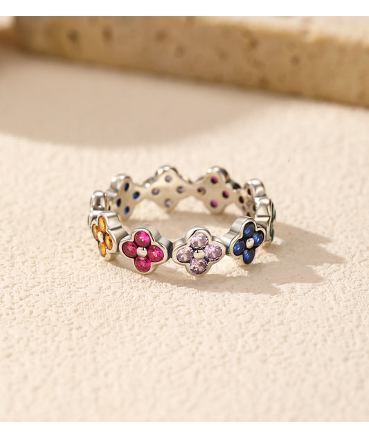 Four Clover Cubic Zircon Sterling Silver Band Ring