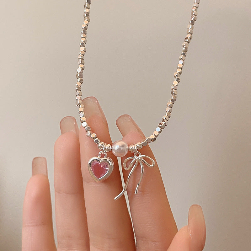 Bow Knot Pink Heart Sterling Silver Necklace with Cubic Zircon