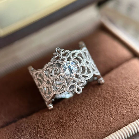 Lace Pattern Band Ring with Cubic Zircon Sterling Silver Resizable ring
