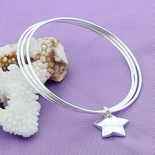 Star Luck Dangled Sterling Silver 925 Bangle bracelet