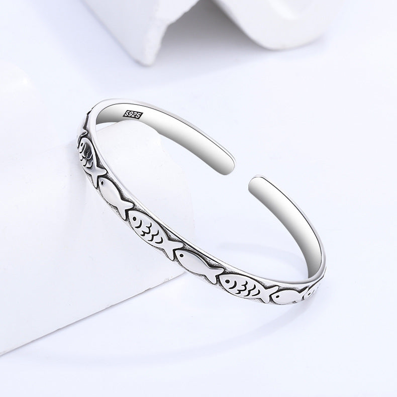 Embossed Fish Good Luck Charm Cuff Bangle Sterling Silver 925